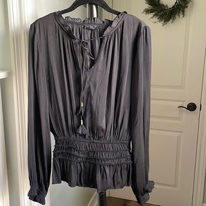 Long sleeve silky top with tie front and flattering elastic waistband